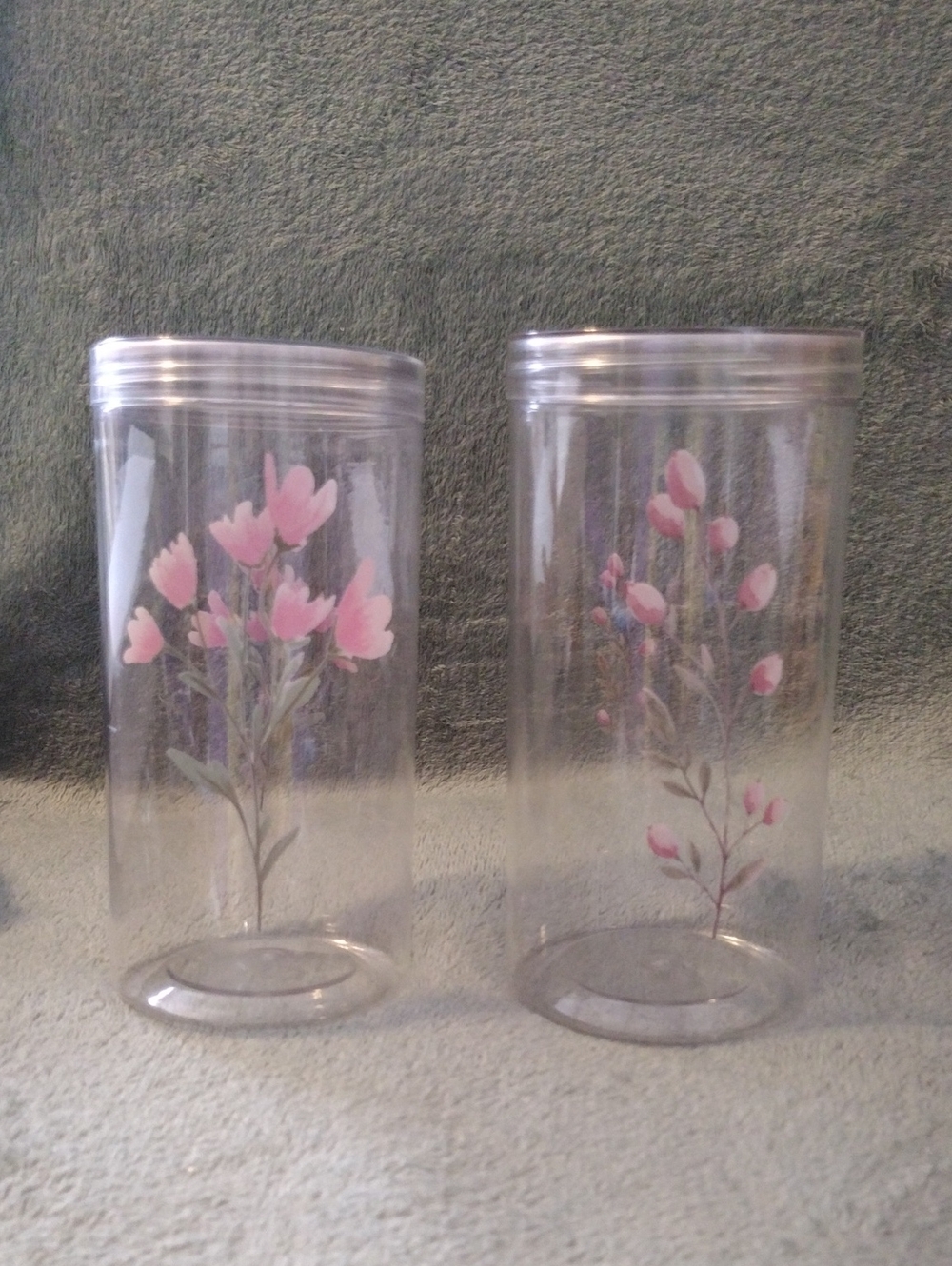 Clear Plastic Floral Canister Set with Clear Pink Flower Stickers- Set Of 2